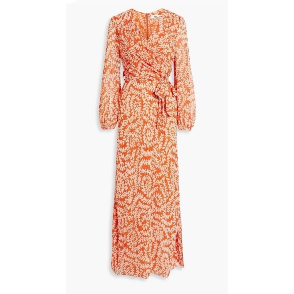 Diane von Furstenberg ALARIC Georgette Maxi Dress Sz XL Orange Fall Chic Belted